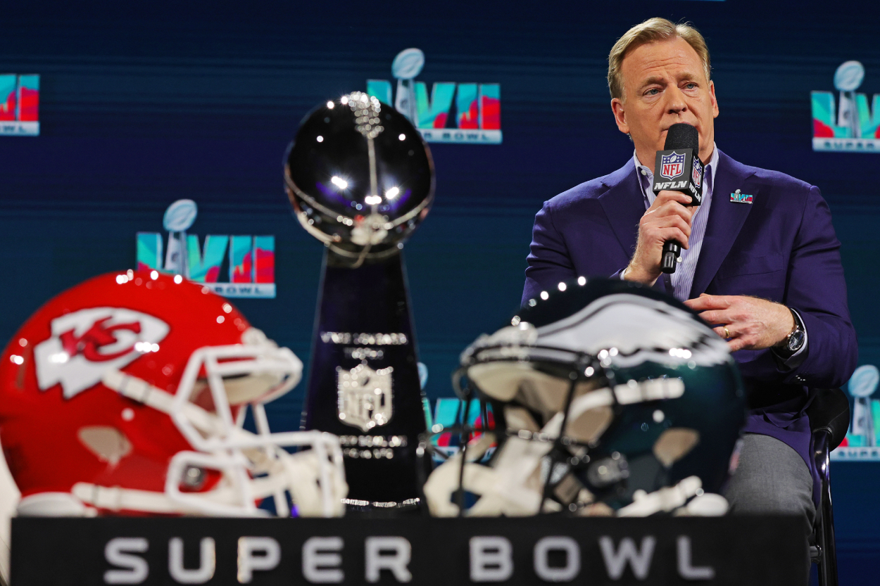 NFL Commissioner Roger Goodell speaks during a press conference in advance of Super Bowl 57.