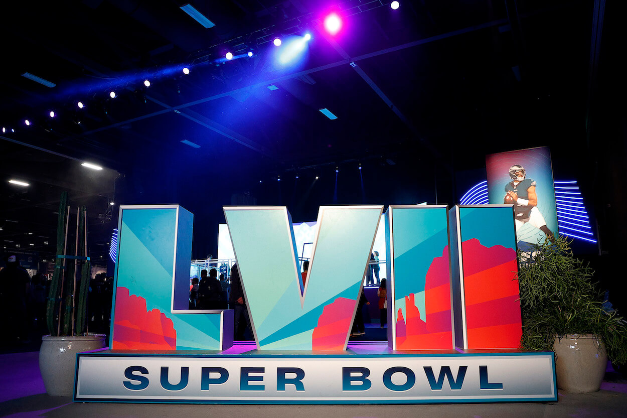 A Super Bowl 57 sign is shown.