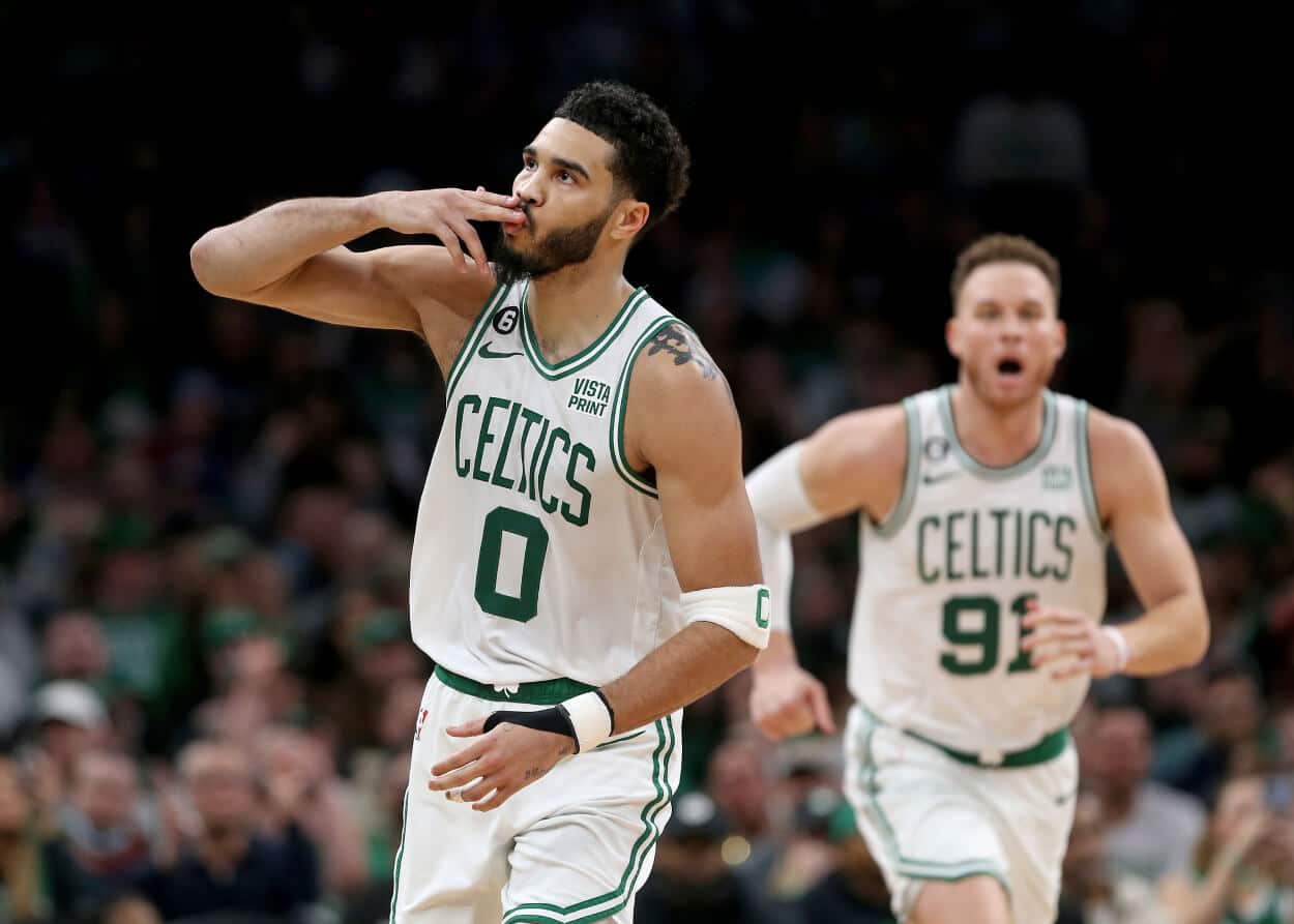 Jayson Tatum of the Boston Celtics after hitting a 3-pointer.