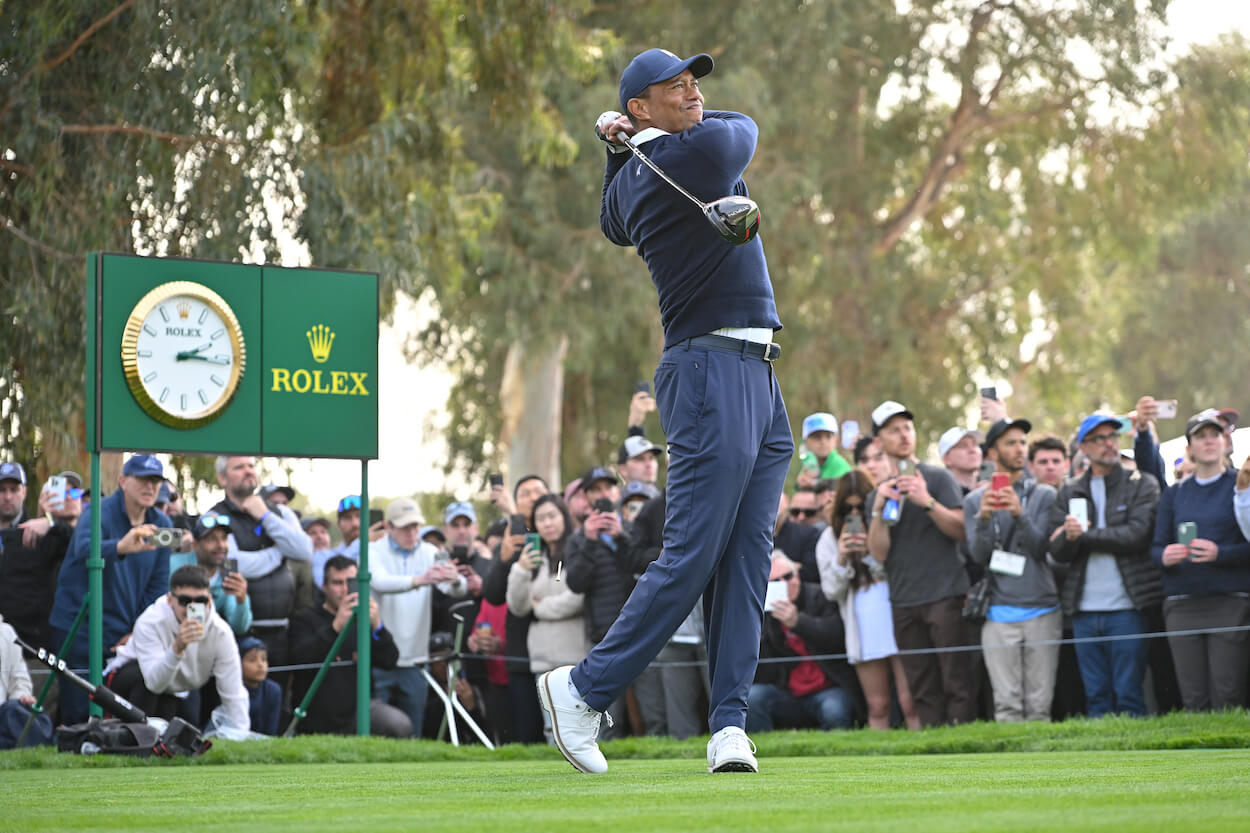 Tiger Woods hits a drive during the Genesis Invitational.
