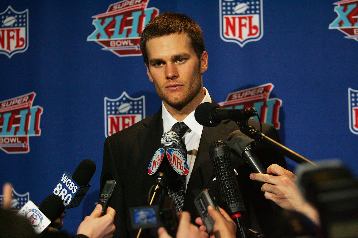 New England Patriots quarterback Tom Brady answers questions after losing to the New York Giants 17-14 in Super Bowl XLII on February 3, 2008