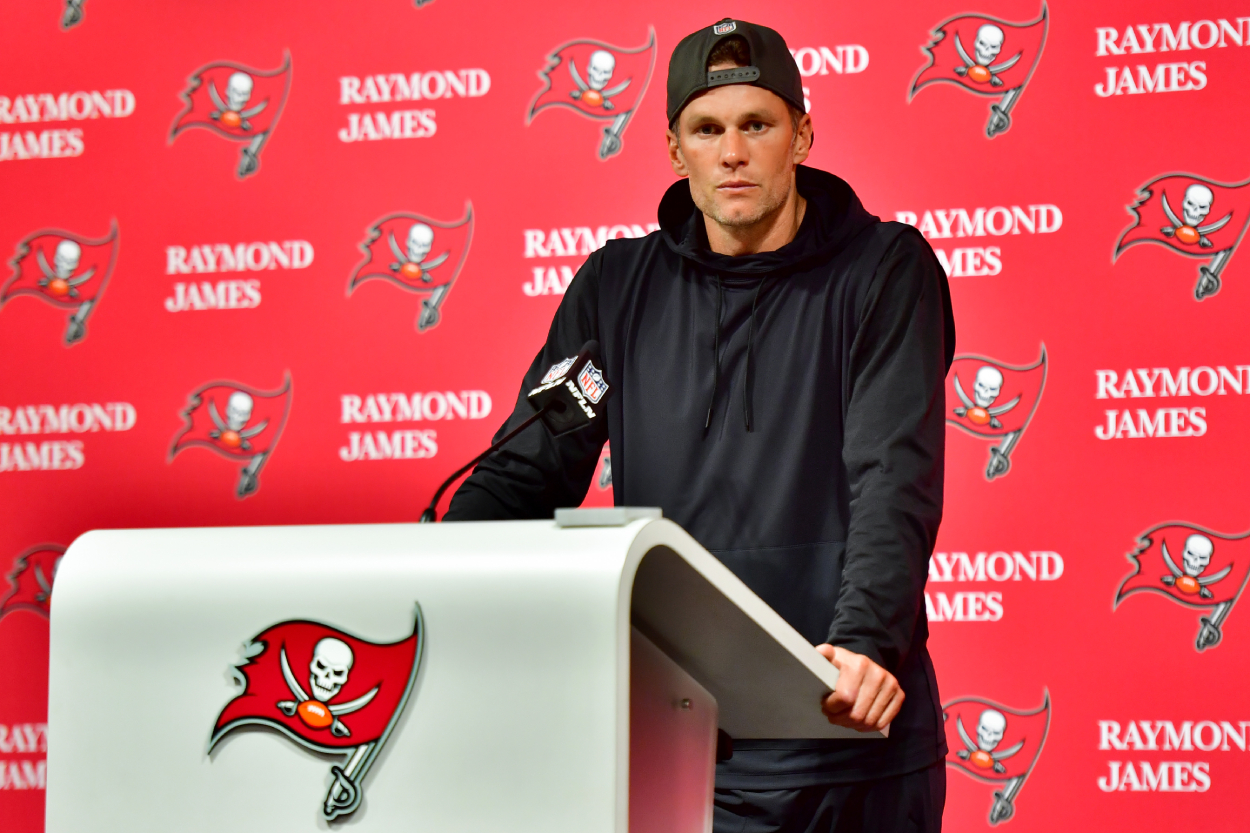 Tom Brady of the Tampa Bay Buccaneers speaks to the media.