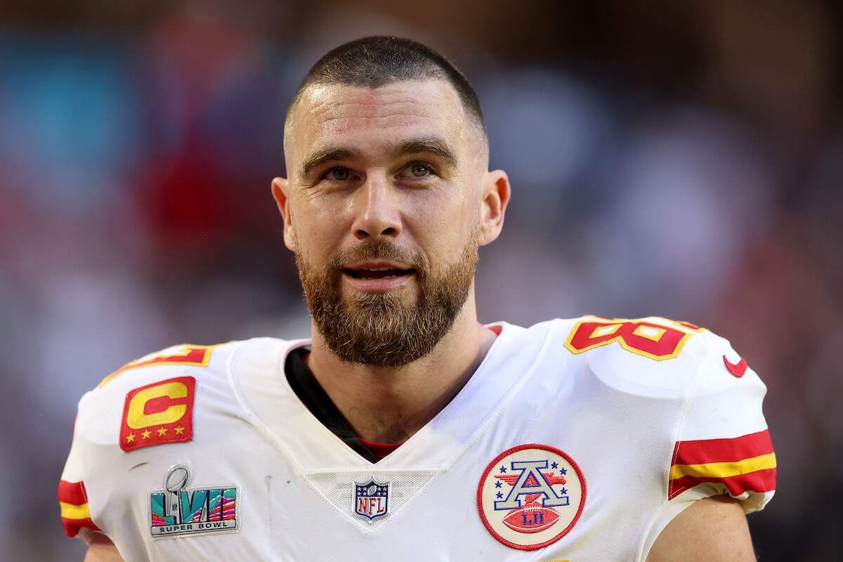 A closeup photo of Travis Kelce of the Kansas City Chiefs without his helmet on during Super Bowl LVII