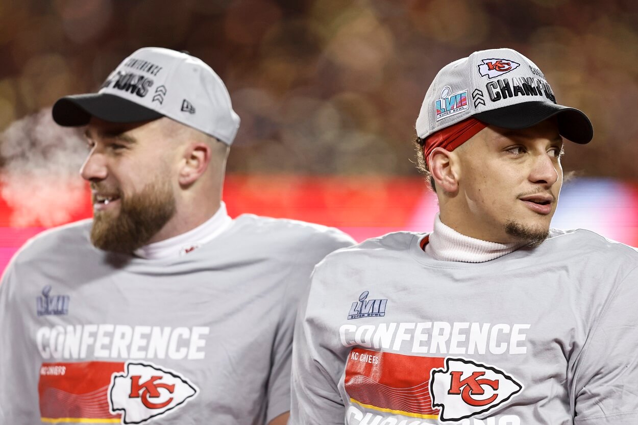 Travis Kelce and Patrick Mahomes celebrate after winning the AFC Championship Game in January 2023