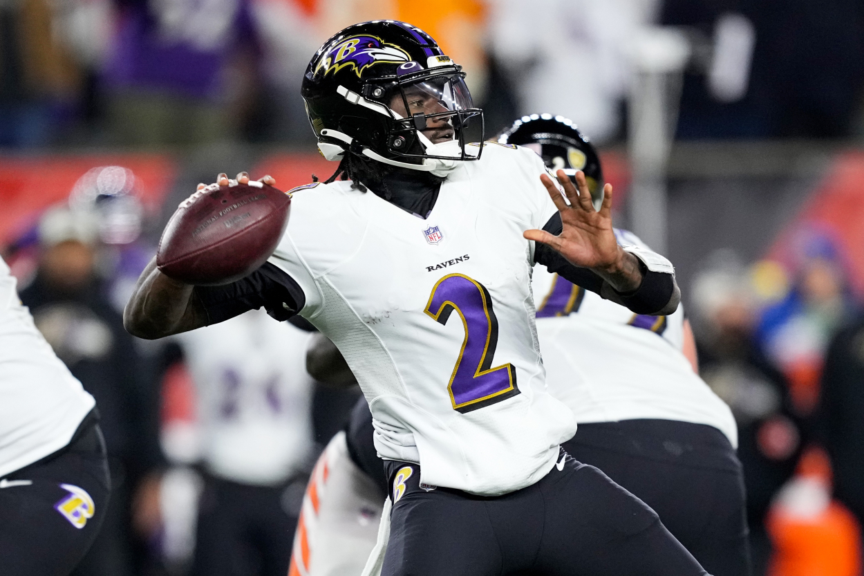 Tyler Huntley of the Baltimore Ravens throws a pass against the Cincinnati Bengals.