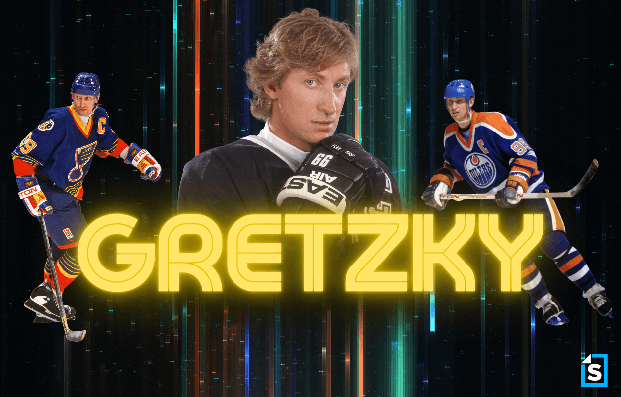 Wayne Gretzky during his time with the St. Louis Blues (L), the LA Kings (C), and the Edmonton Oilers (R).