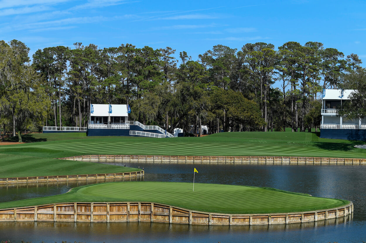 The 17th hole at TPC Sawgrass is shown.