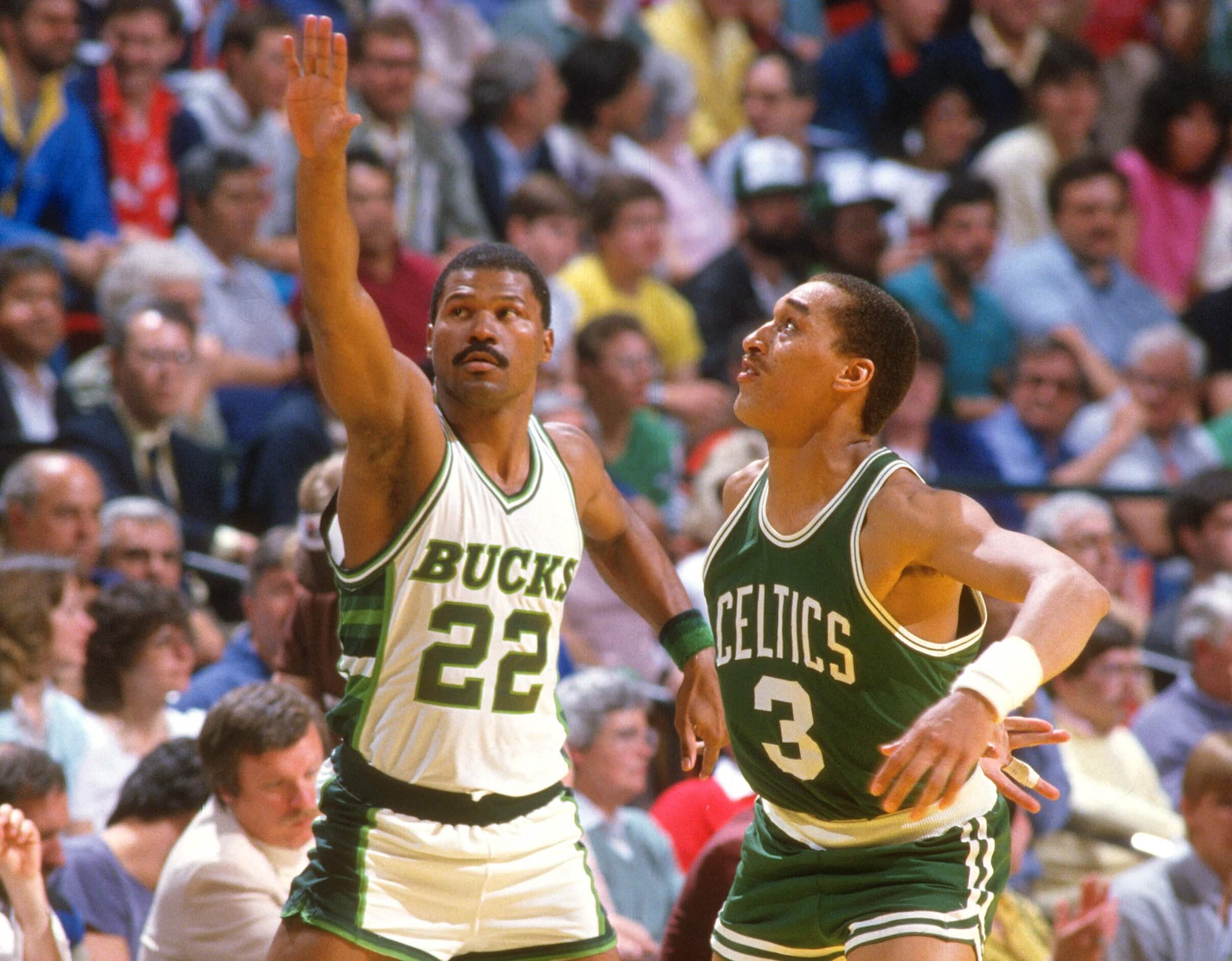 Dennis Johnson of the Boston Celtics guards Ricky Pierce of the Milwaukee Bucks.