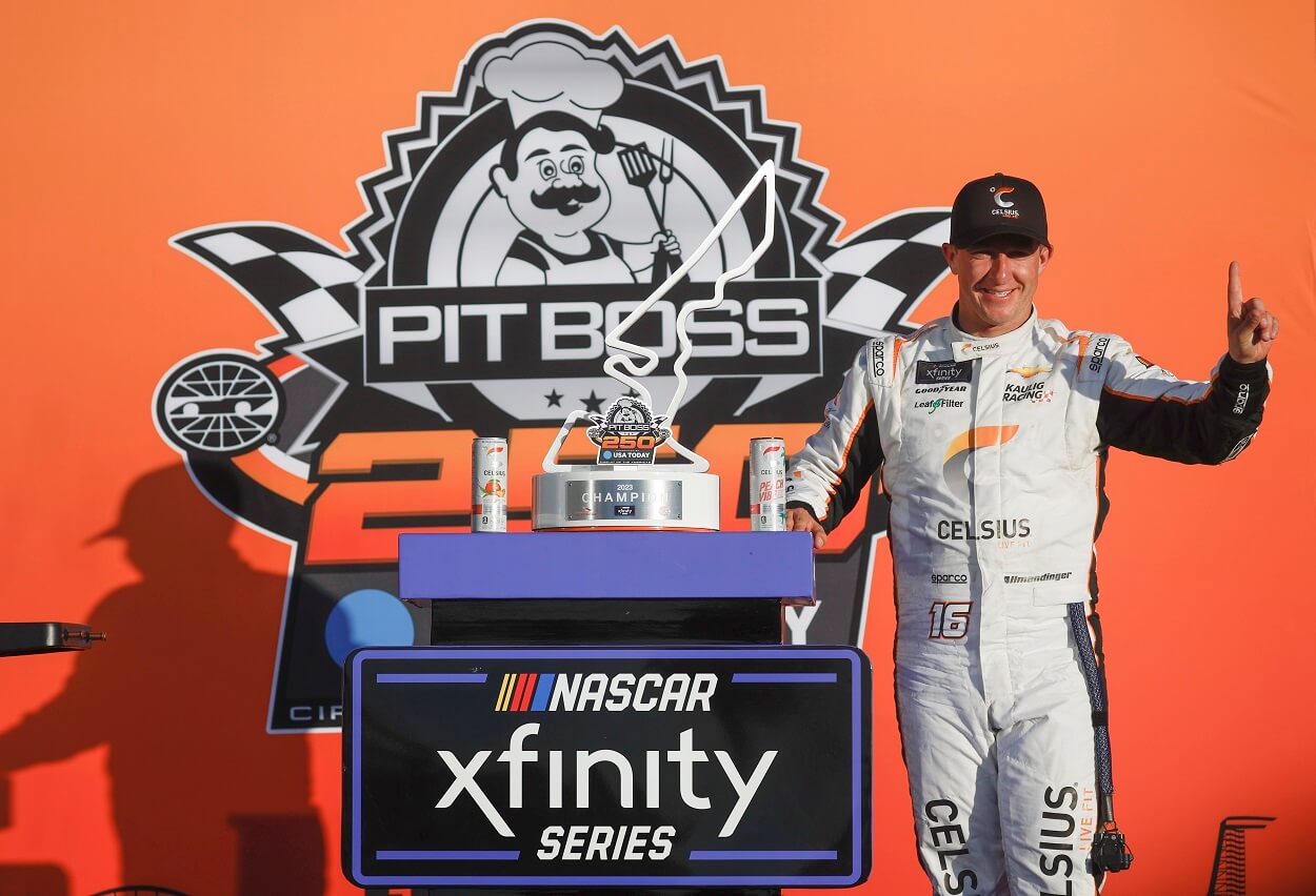 AJ Allmendinger celebrates after winning the NASCAR Xfinity Series race at Circuit of the Americas