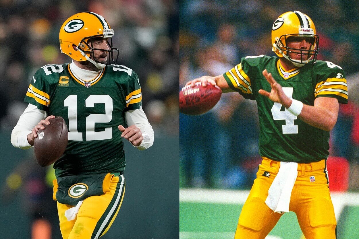Green Bay Packers quarterbacks Aaron Rodgers and Brett Favre