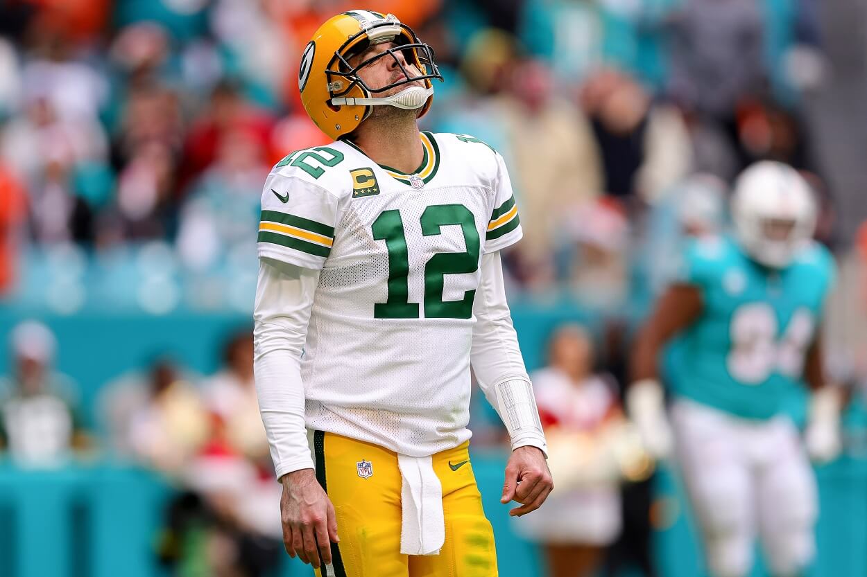 Aaron Rodgers during a Packers-Dolphins matchup in December 2022