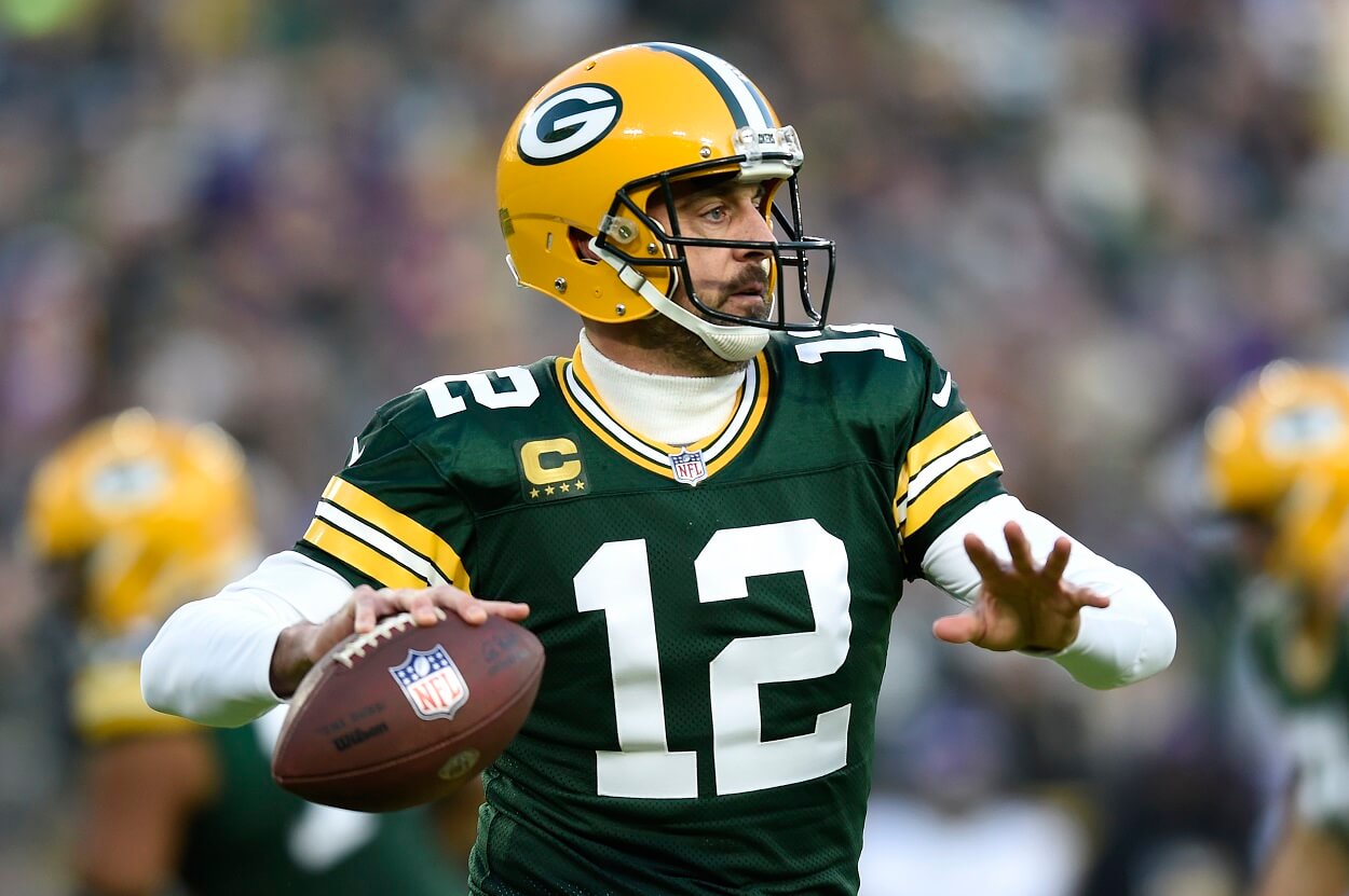 Aaron Rodgers during a Packers-Vikings matchup in January 2023