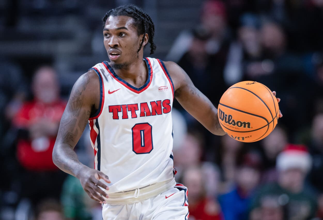 Antoine Davis of the Detroit Mercy Titans brings the ball up the court.