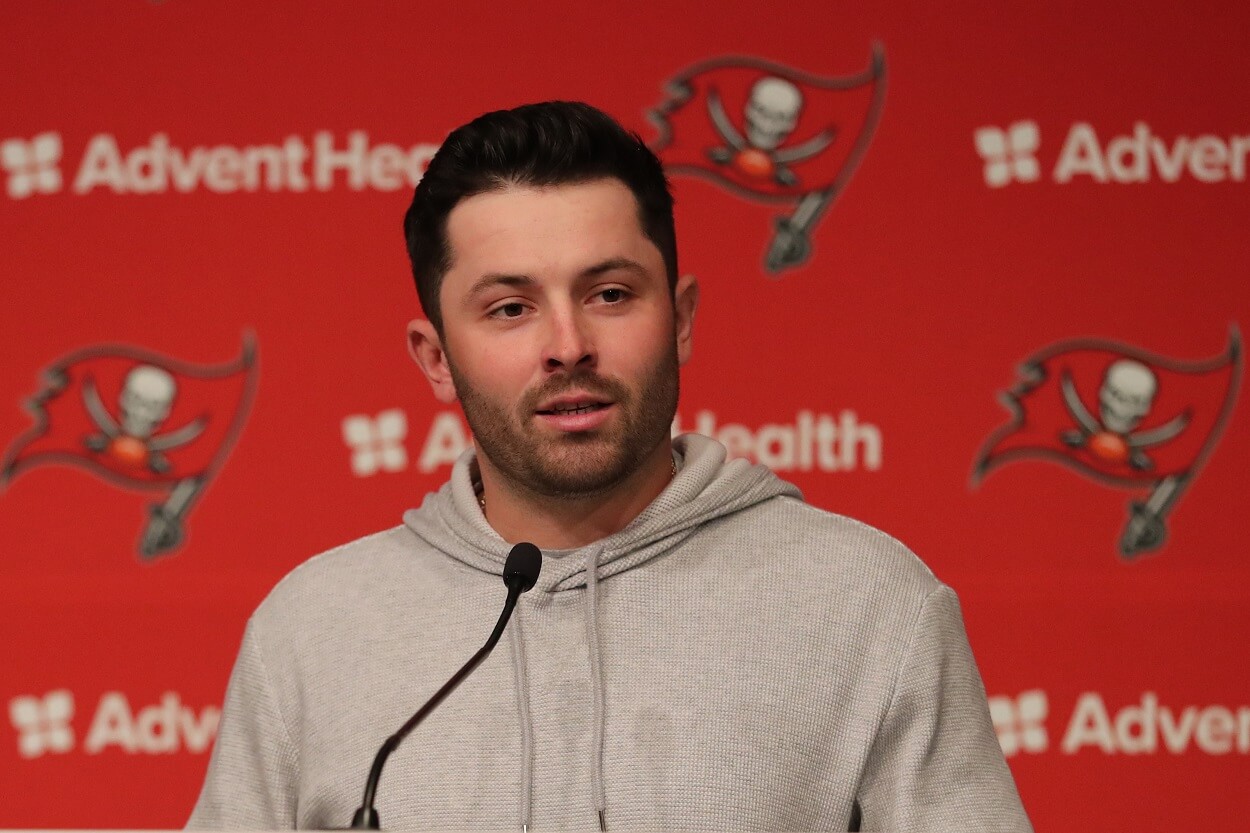 Baker Mayfield during his introductory press conference with the Tampa Bay Buccaneers