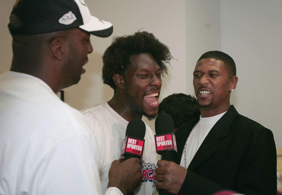 Ben Wallace of the Detroit Pistons celebrates after defeating the Los Angeles Lakers in the 2004 NBA Finals