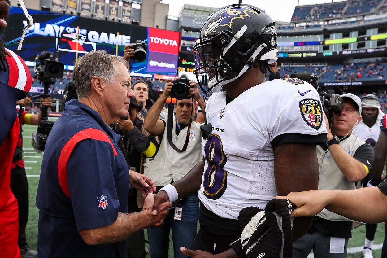 Bill Belichick and Lamar Jackson following a Patriots-Ravens matchup