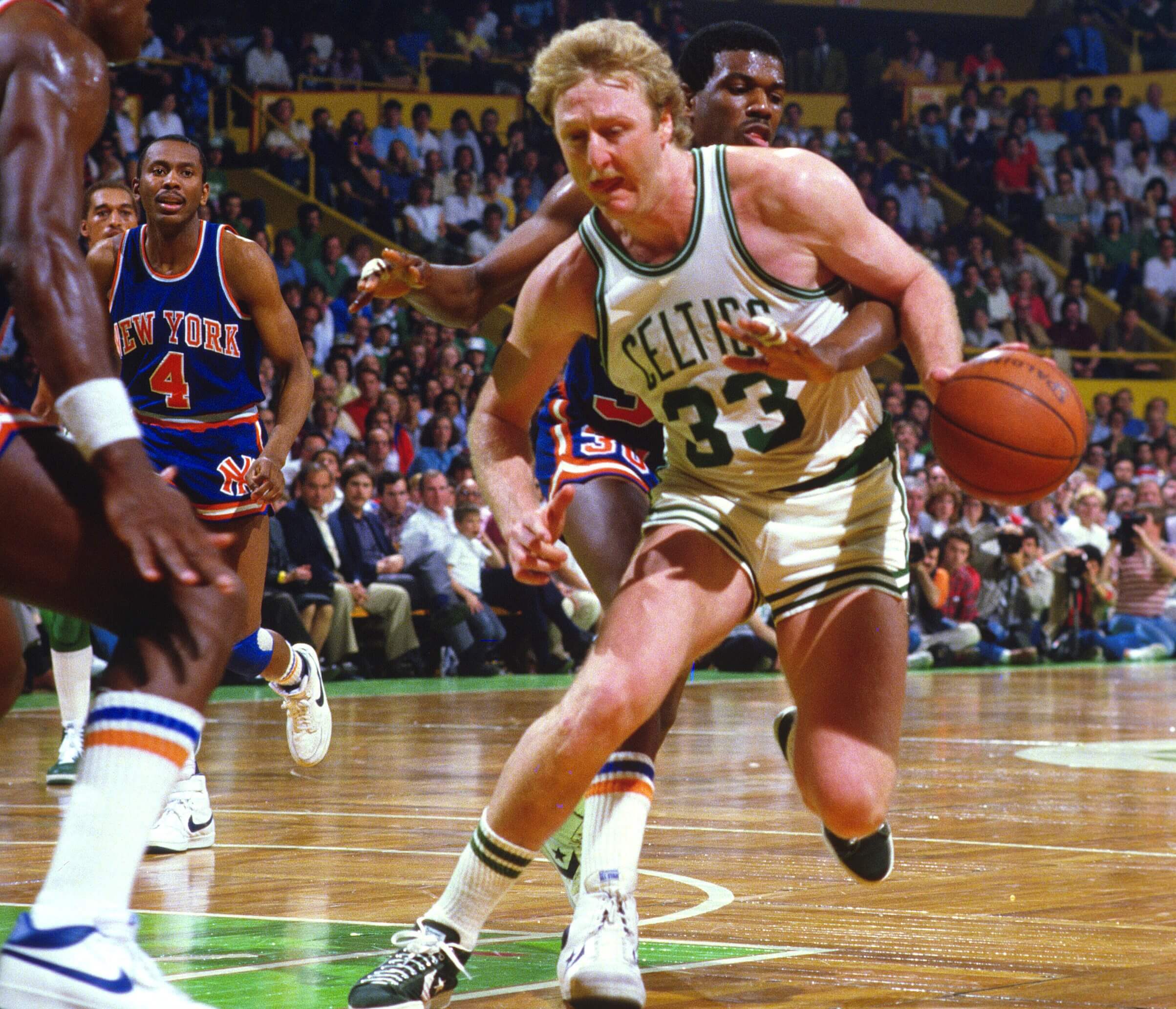 Larry Bird of the Boston Celtics in action against the New York Knicks.