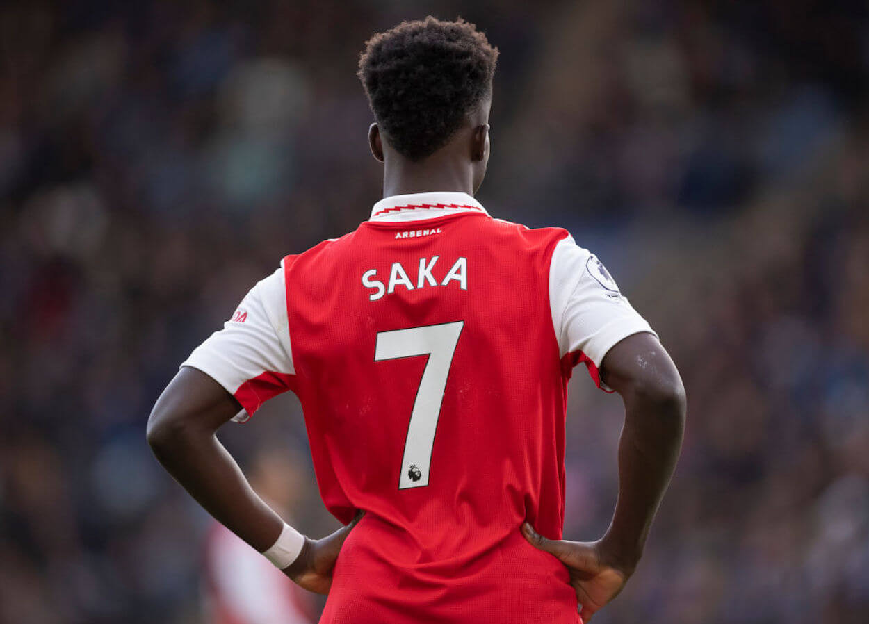 Bukayo Saka on the pitch during an Arsenal match.