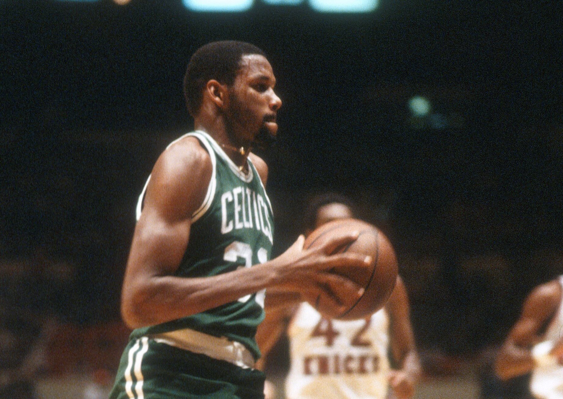 Cedric Maxwell of the Boston Celtics drives toward the basket.