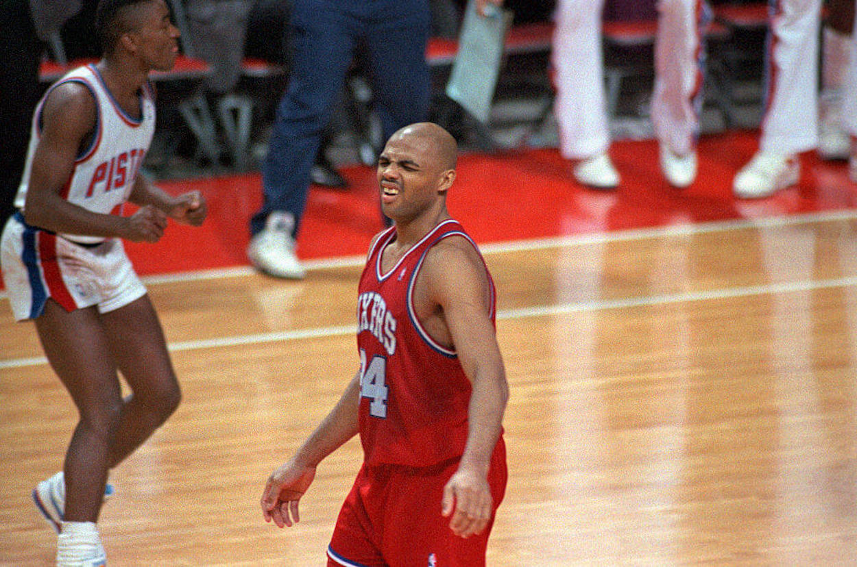 Charles Barkley reacts after missing two free throws as a member of the Philadelphia 76ers.