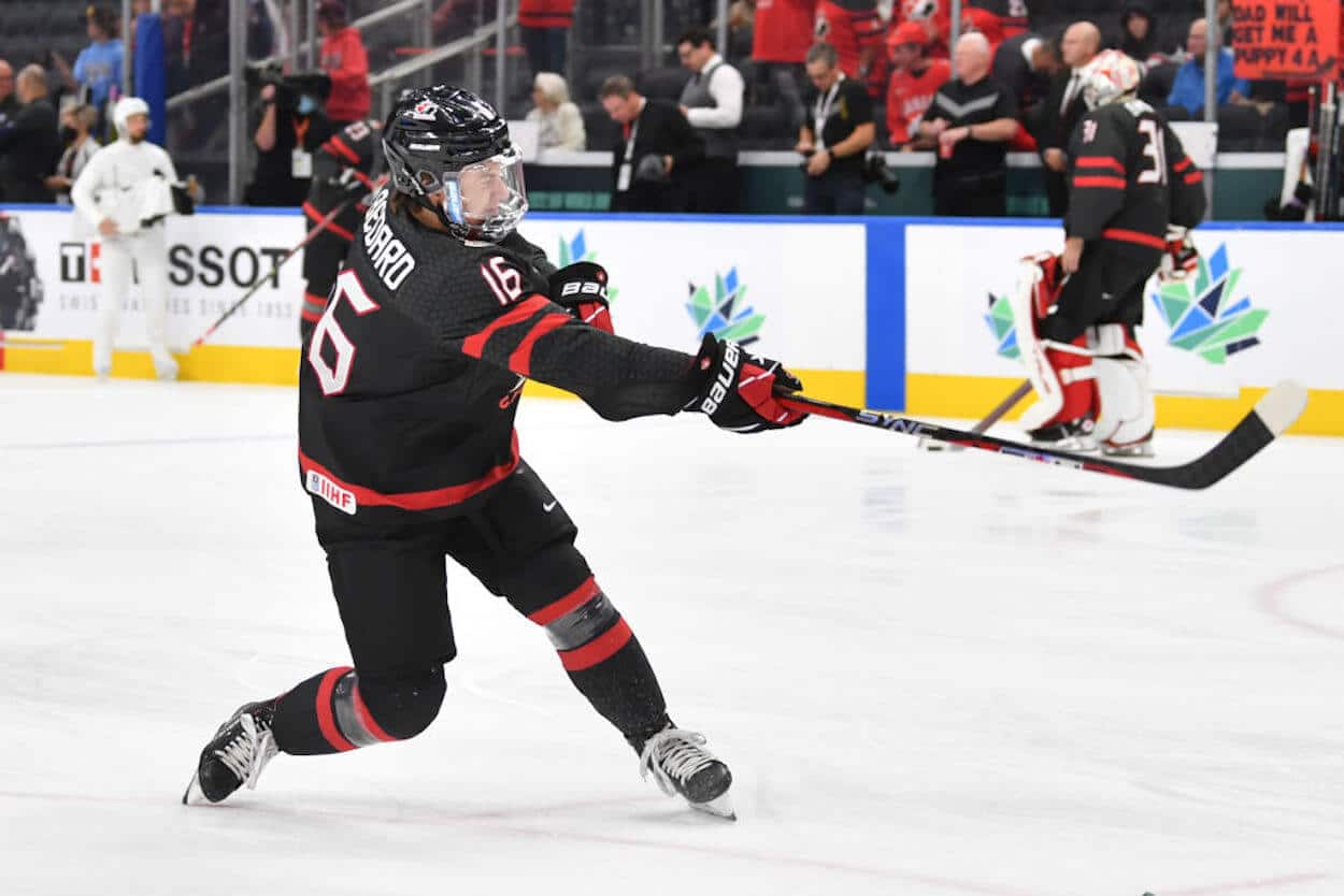 Connor Bedard warms up before a Canada game.