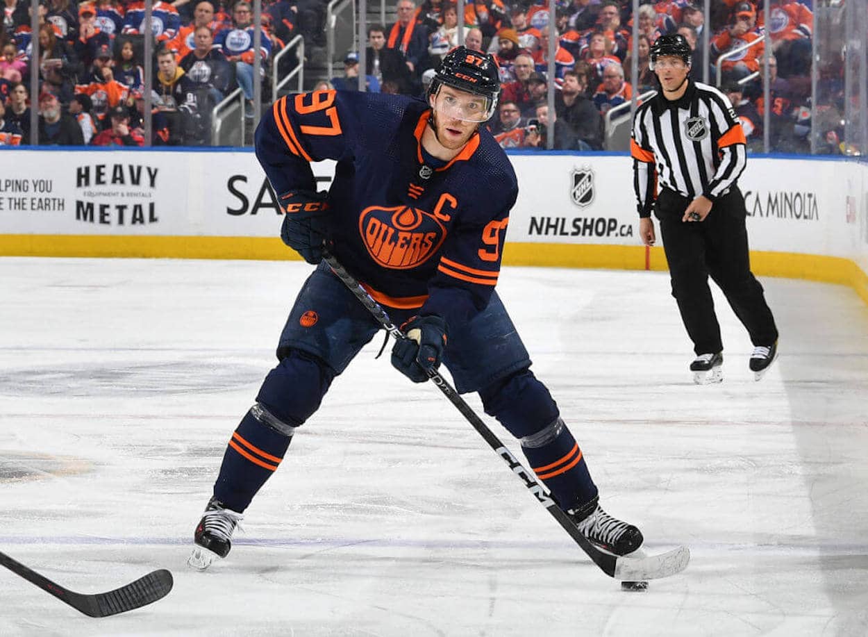 Connor McDavid skates in an NHL game as a member of the Edmonton Oilers.