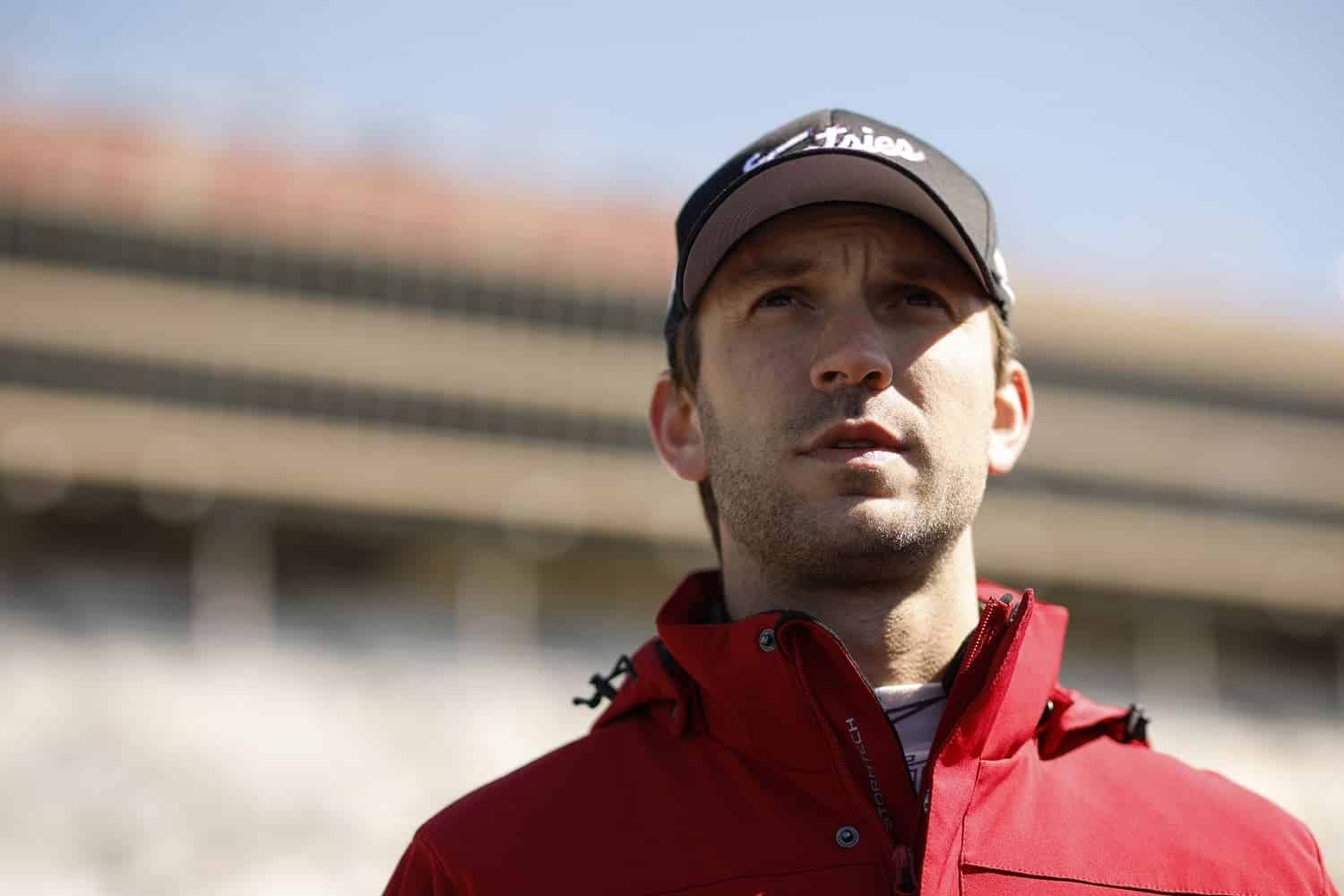 Daniel Suarez looks on during qualifying for the NASCAR Cup Series Ambetter Health 400 at Atlanta Motor Speedway on March 18, 2023.