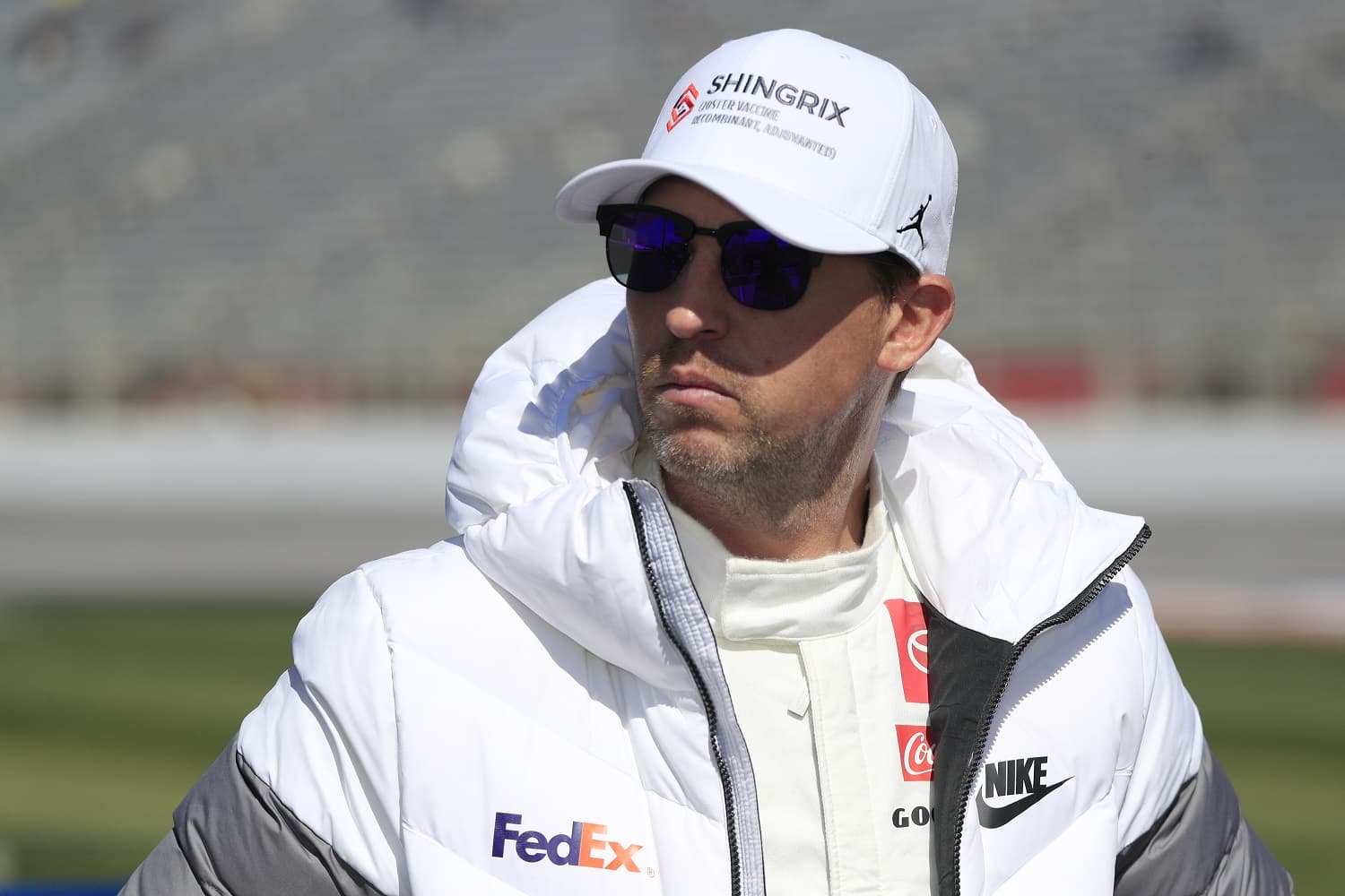 Denny Hamlin watches the action during qualifying for the NASCAR Cup Series Ambetter Health 400 on March 18, 2023 at Atlanta Motor Speedway.