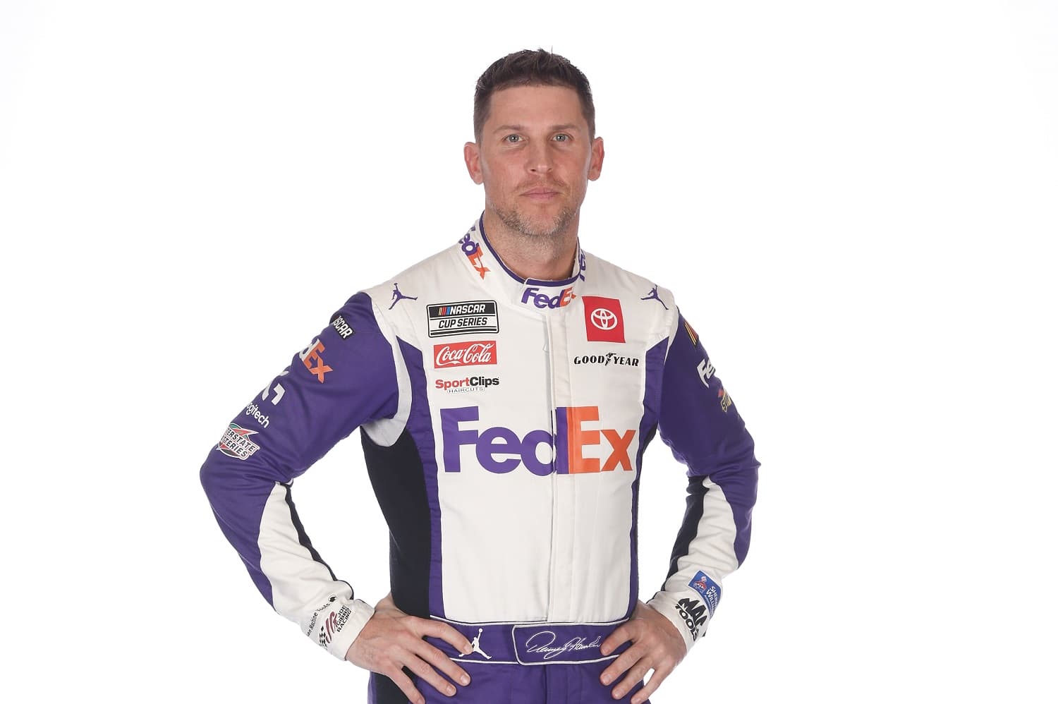 Driver Denny Hamlin poses for a photo during NASCAR Production Days at Charlotte Convention Center on Jan. 18, 2023 in Charlotte, North Carolina.