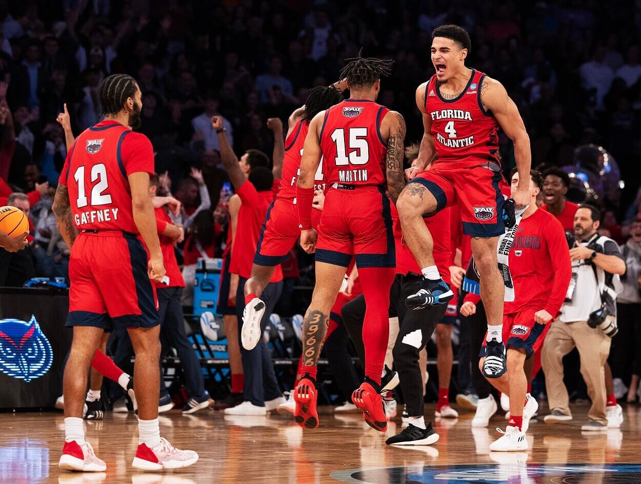 FAU celebrates its win over Kansas State in the 2023 NCAA Tournament, a win that sent to the Owls to the Final Four