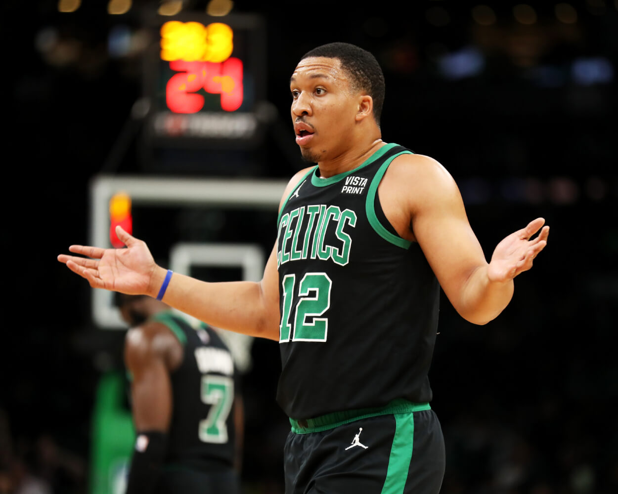 Grant Williams of the Boston Celtics reacts during the fourth quarter of the game against the Brooklyn Nets.