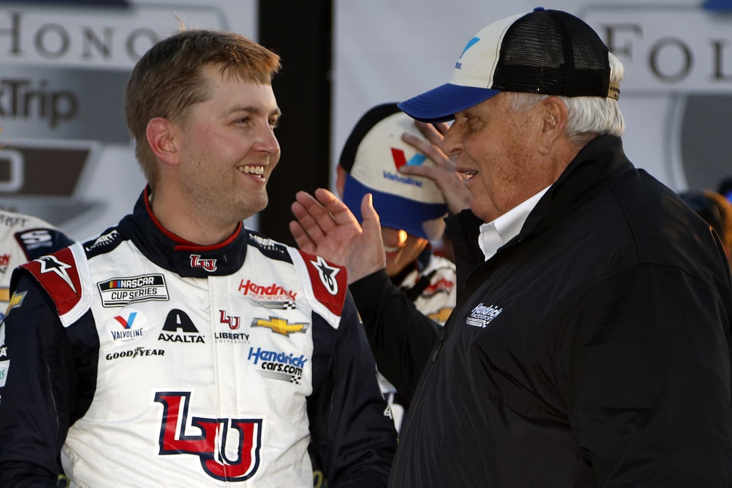 William Byron is congratulated by Hendrick Motorsports owner Rick Hendrick in Victory Lane after winning the NASCAR Cup Series Folds of Honor QuikTrip 500 at Atlanta Motor Speedway on March 20, 2022. | Sean Gardner/Getty Images
