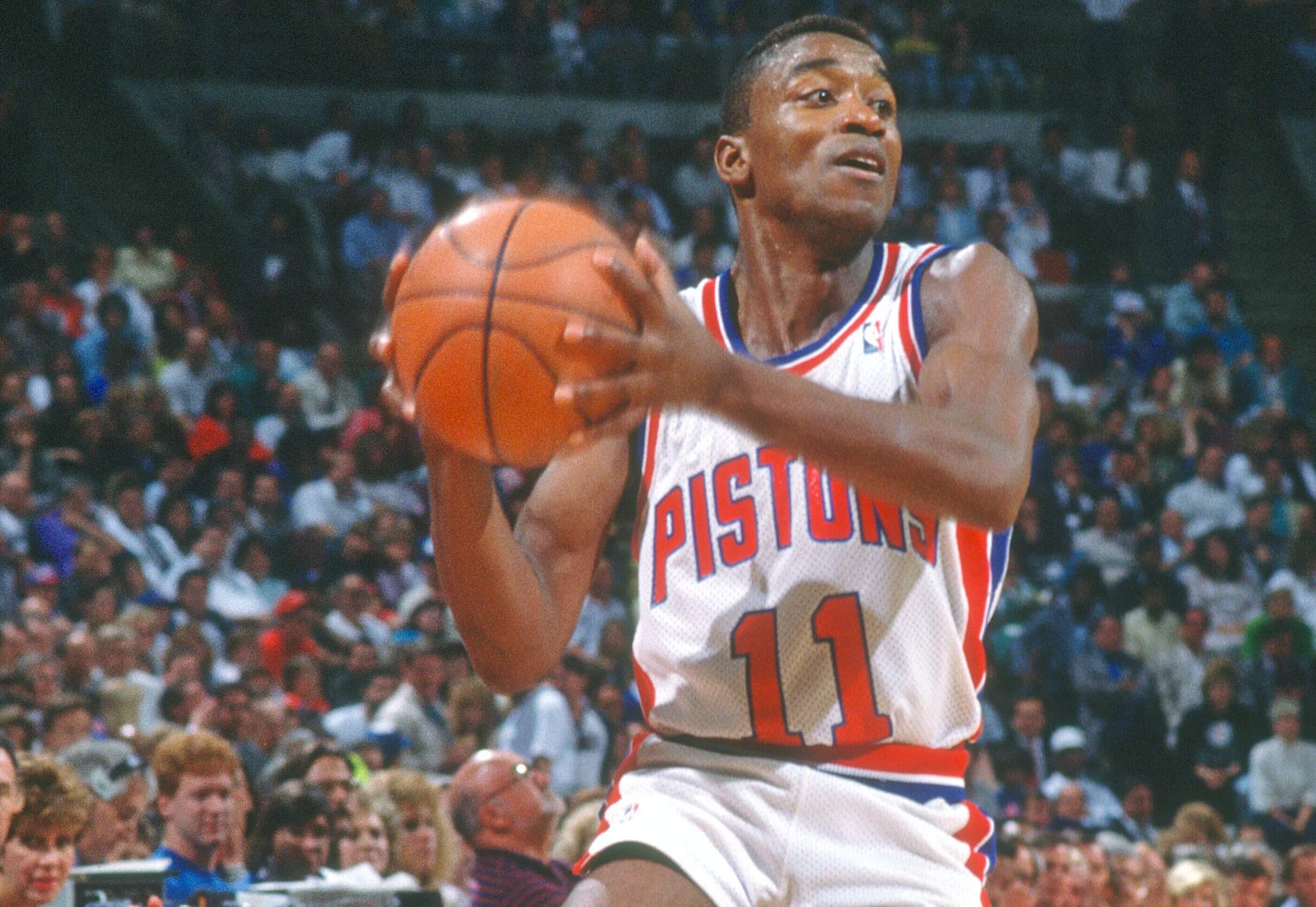 Isiah Thomas of the Detroit Pistons looks to pass the ball.