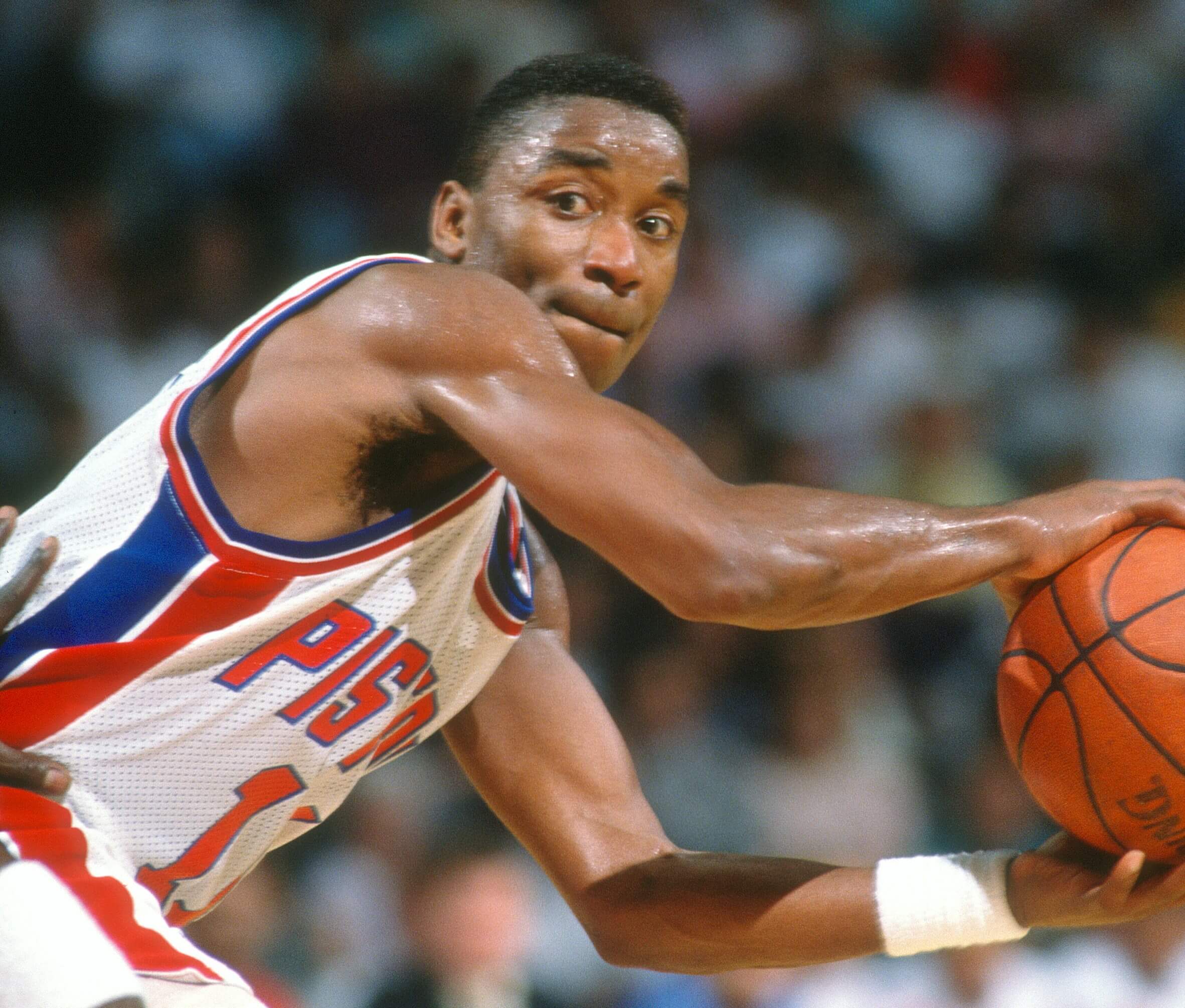 Isiah Thomas of the Detroit Pistons looks to pass the ball.