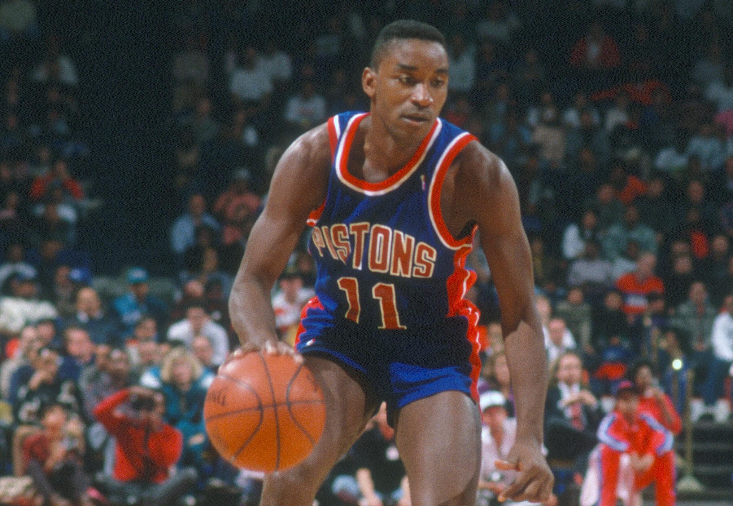 Isiah Thomas of the Detroit Pistons dribbles the ball.