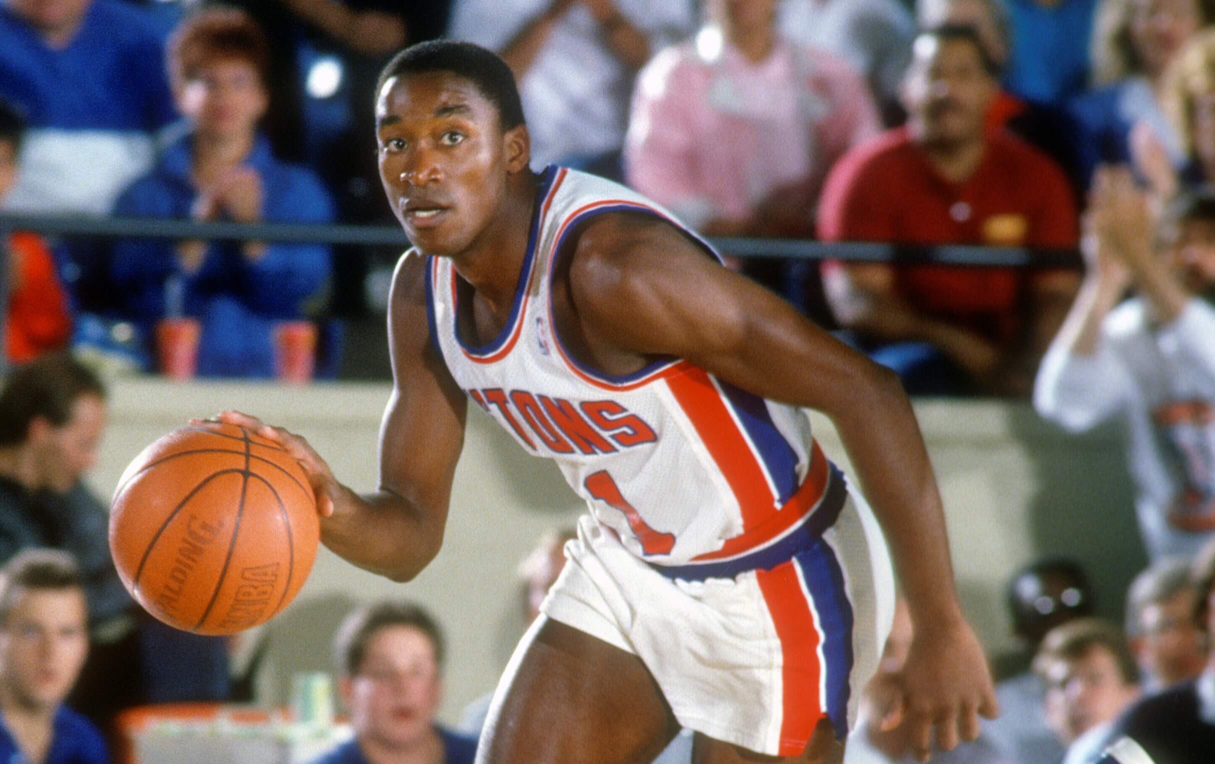 Isiah Thomas of the Detroit Pistons dribbles the ball.