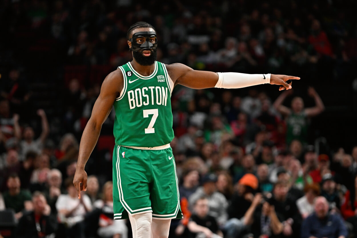 Jaylen Brown of the Boston Celtics gestures during the fourth quarter against the Portland Trail Blazers.
