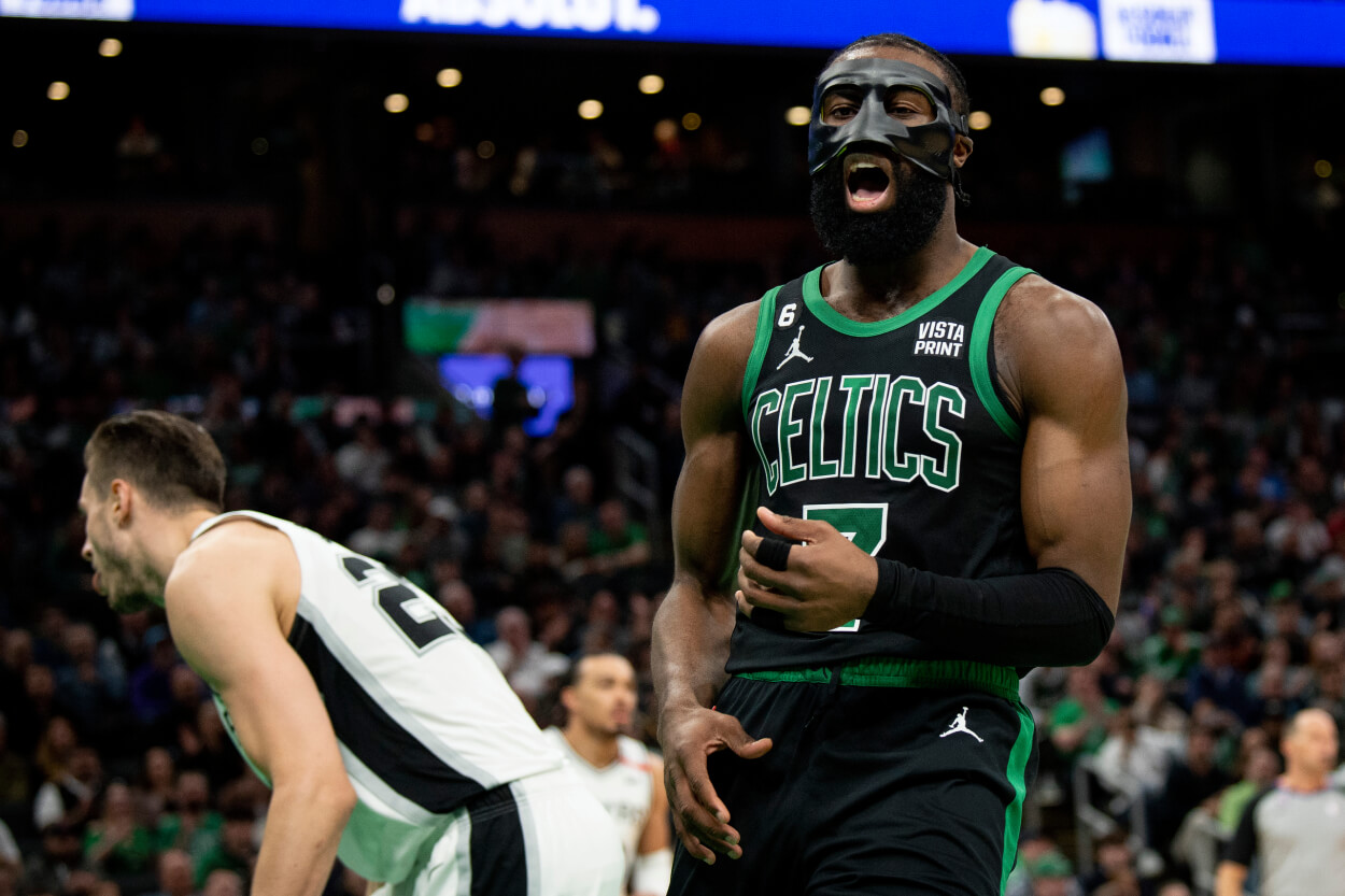 Jaylen Brown of the Boston Celtics reacts.