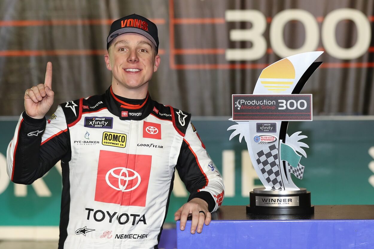 John Hunter Nemechek celebrates his win at the 2023 Xfinity Series race at Auto Club Speedway