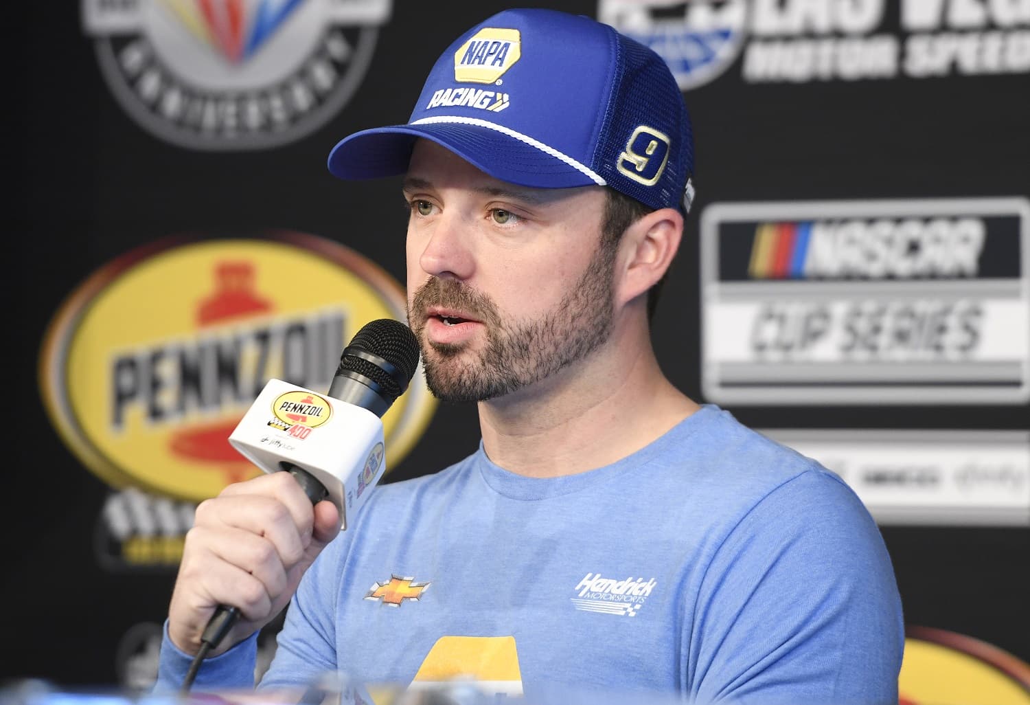 Josh Berry addresses the media before practice for the NASCAR Cup Series Pennzoil 400 on March 4, 2023, at Las Vegas Motor Speedway.