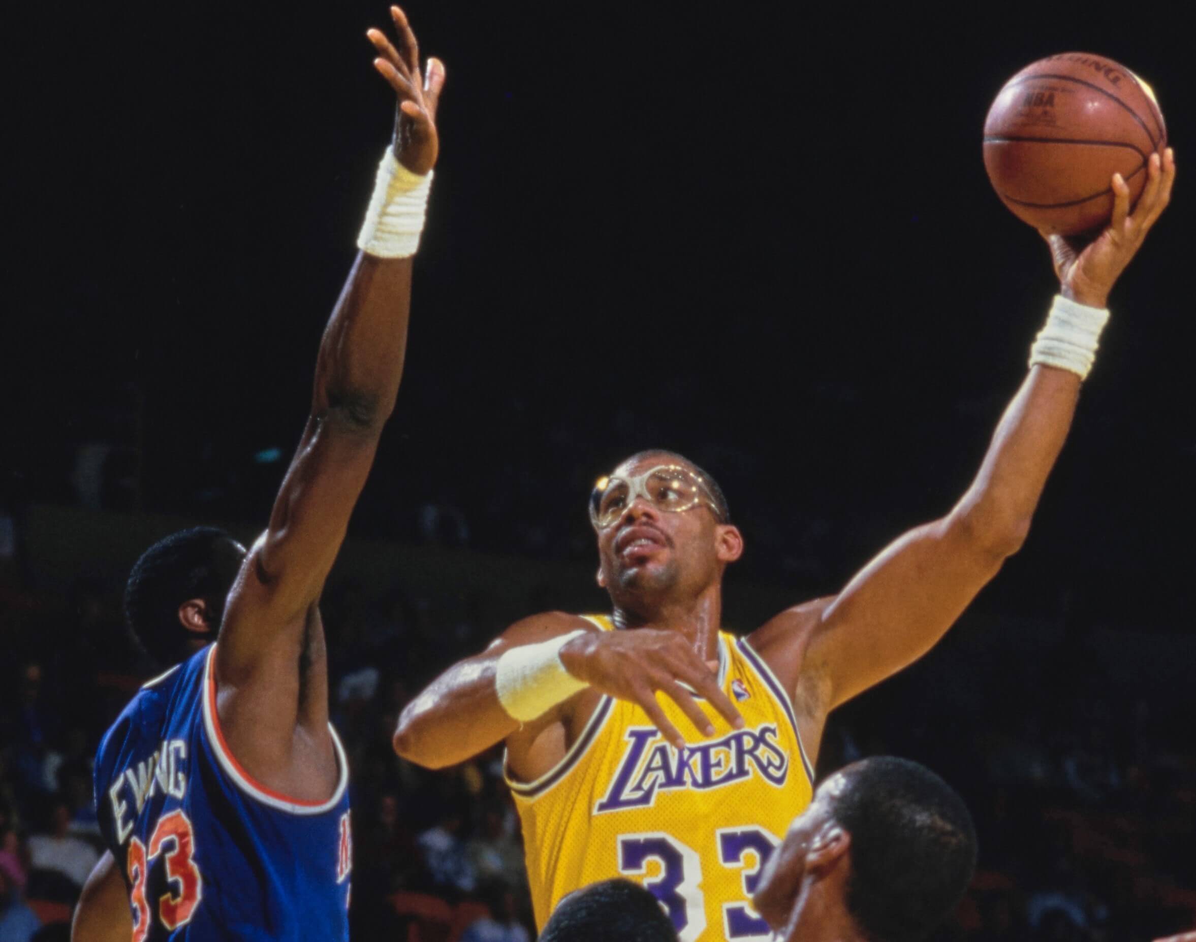 Kareem Abdul-Jabbar of the Los Angeles Lakers takes a skyhook.