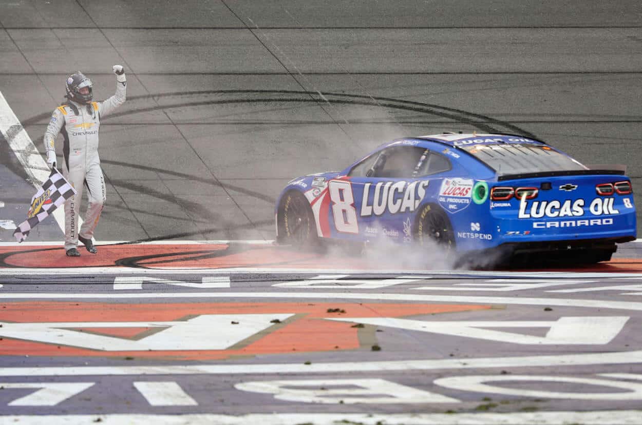 Kyle Busch celebrates his victory at Auto Club Speedway.