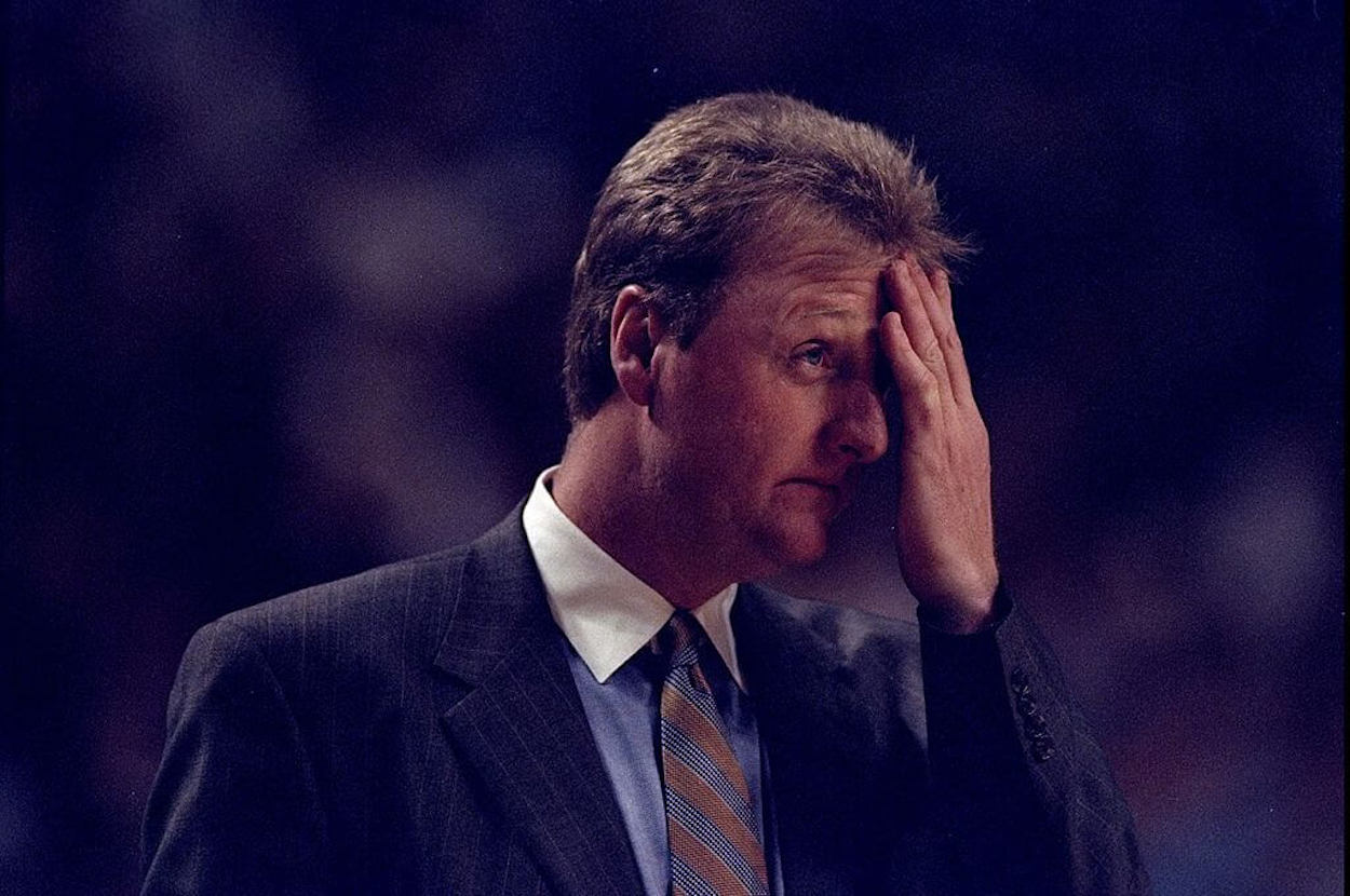 Larry Bird reacts on the sidelines while coaching the Indiana Pacers.