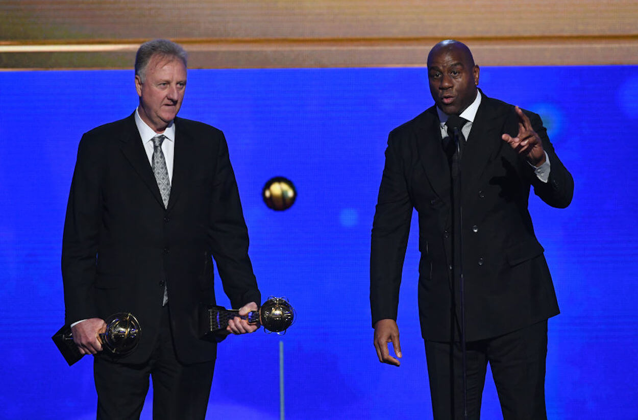 Larry Bird (L) and Magic Johnson (R) accept their NBA Lifetime Achievement Awards