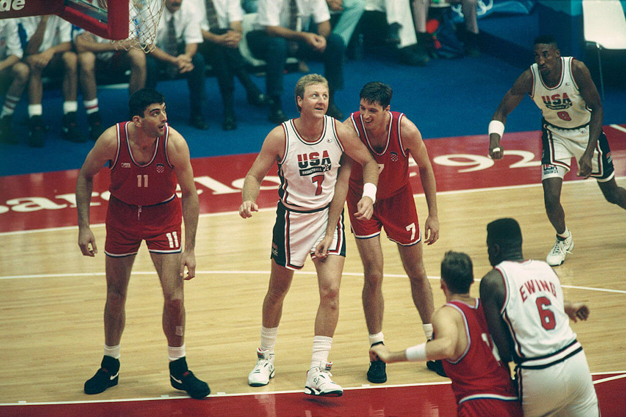 Larry Bird (C) lines up ahead of a free throw during the 1992 Olympics.