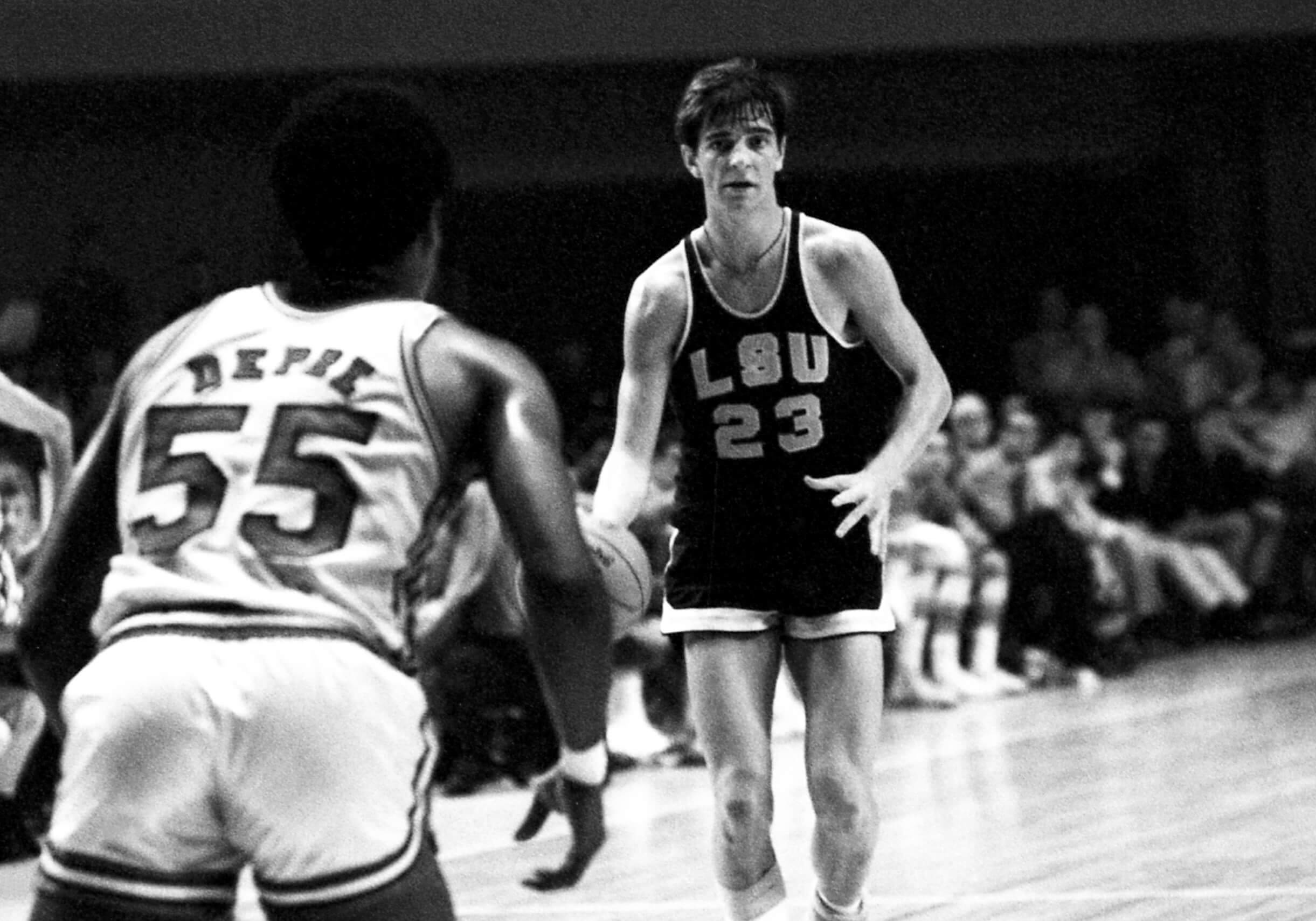 Pete Maravich of the Louisiana State Tigers dribbles during the 1969 Rainbow Classic Tournament.