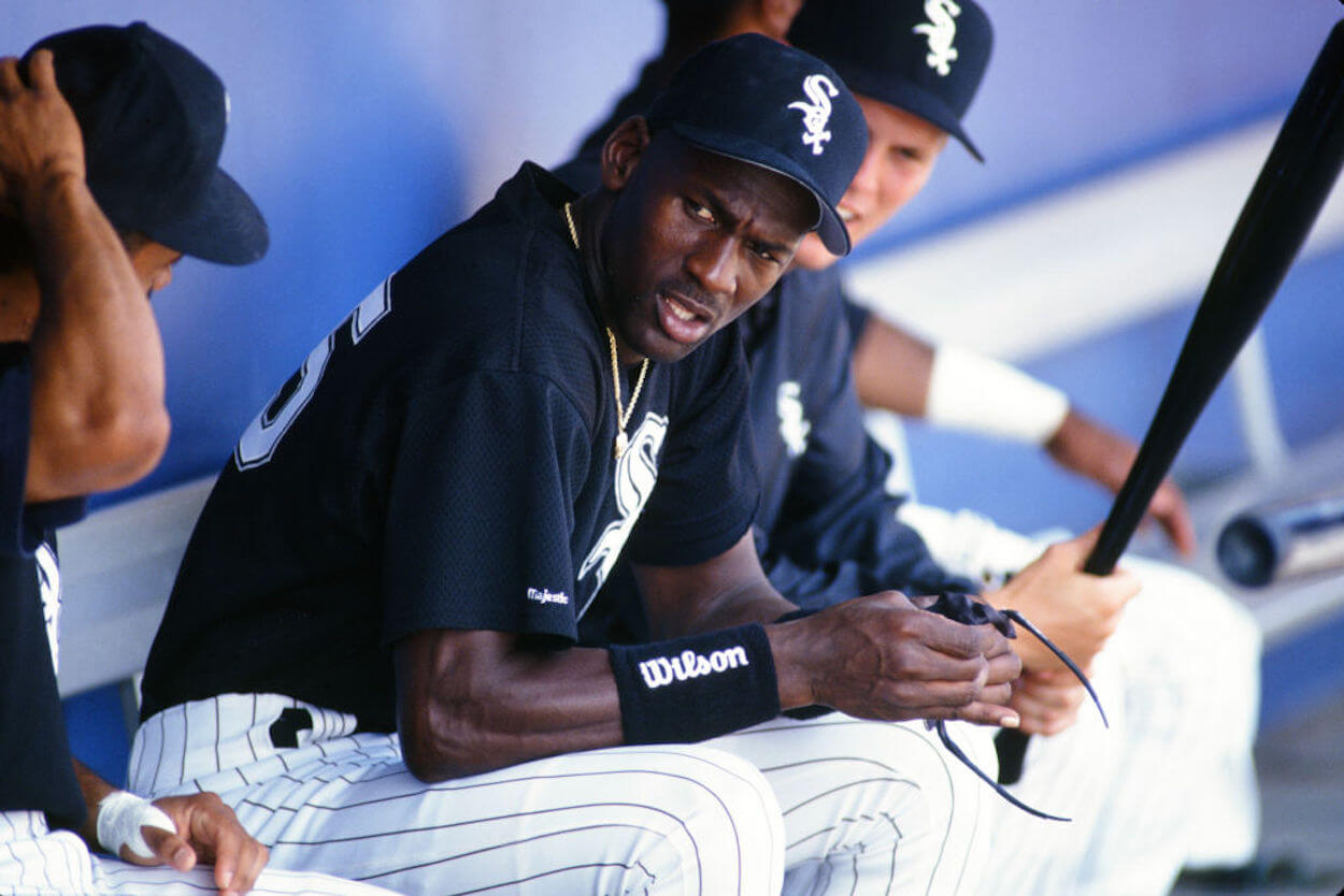 Michael Jordan sits in the Chicago White Sox dugout during Spring Training.