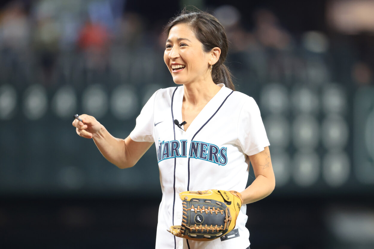 ESPN Analyst Mina Kimes reacts after throwing out the ceremonial first pitch.