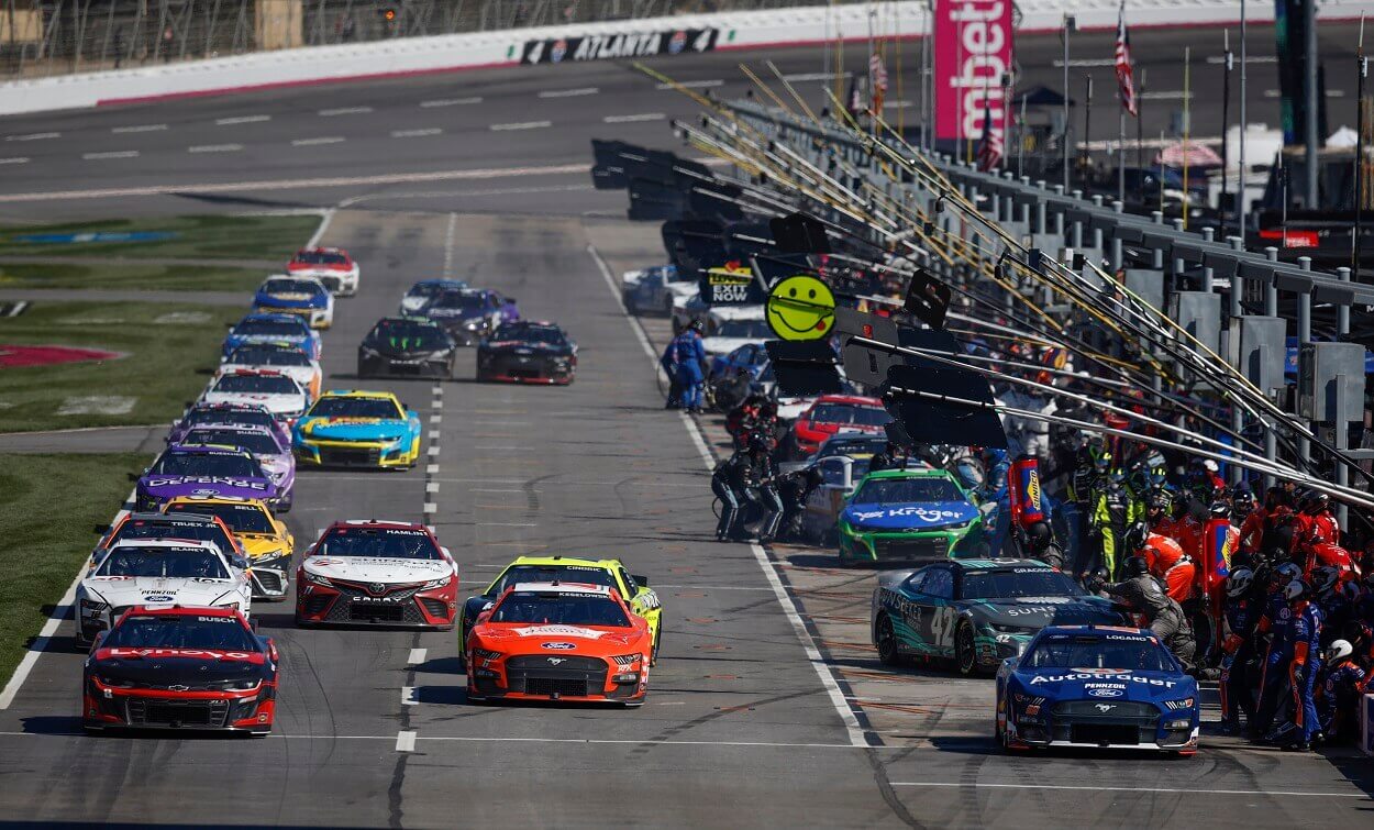 A view of pit road at Atlanta Motor Speedway during the 2023 NASCAR Cup Series race