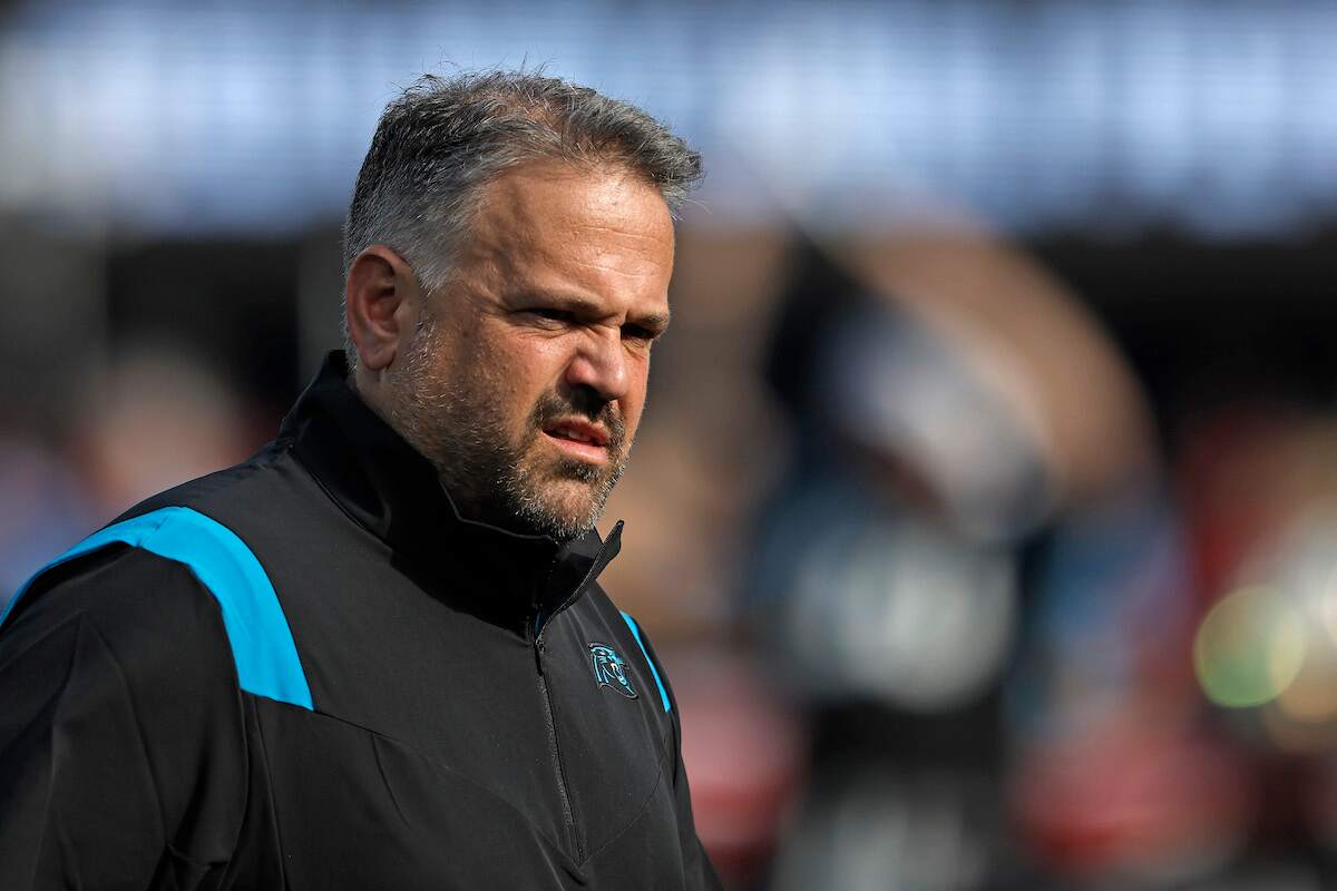 Then-head coach Matt Rhule of the Carolina Panthers looks on from the sideline during a 2021 game
